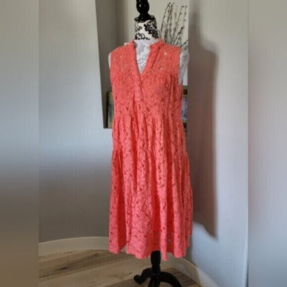Sunny Studio Paris Cotton  Lace Coral Summer Dress  Sz L - Picture 4 of 11